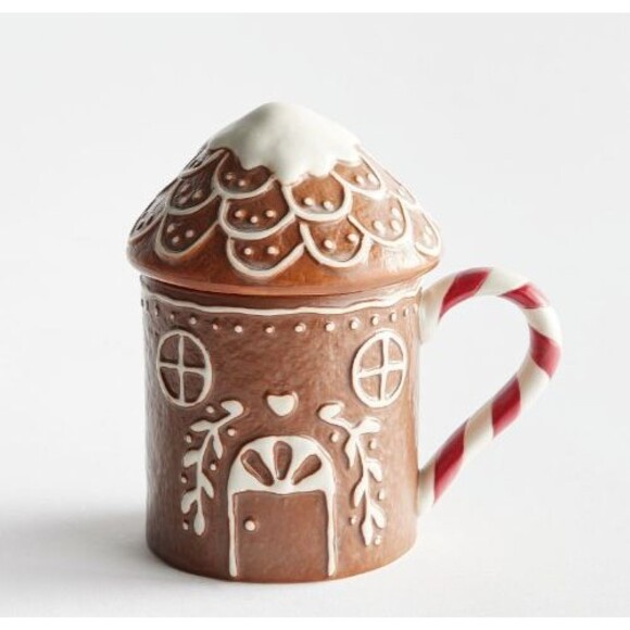 Pottery Barn Gingerbread House Lidded Stoneware Mug Winter Christmas Holiday NIB
